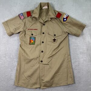 Boy Scouts Of America Uniform Shirt Youth Large Beige Sewn Patches Button Down